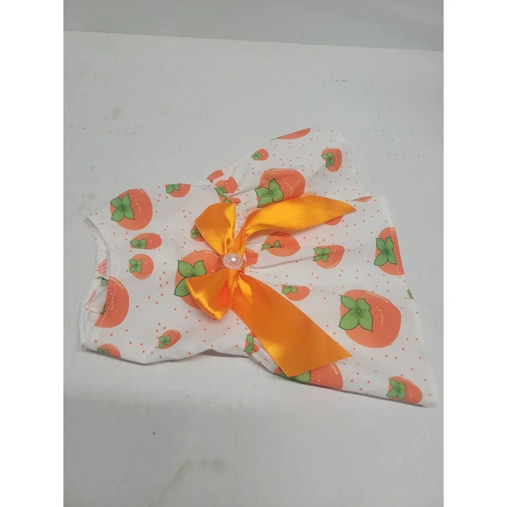 Small Pet Dress‎ Persimmon Fruit Print Orange Satin Bow White Polka Dot Size S